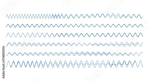 Set of vector waveforms. Sound wave and audio signal illustration. Music rhythm, voice frequency, and amplitude graph. Abstract sine wave oscillation and pulse line chart.