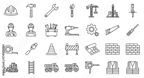 Construction and building thin line icons set. Engineering tools, industry equipment, worker pictogram. Vector outline symbols of crane, truck, helmet for web design.