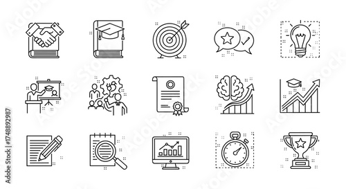Education and business success line icon set. Learning, training, career growth, and achievement concepts. Graduation, diploma, teamwork, strategy, and goal attainment vector icons.