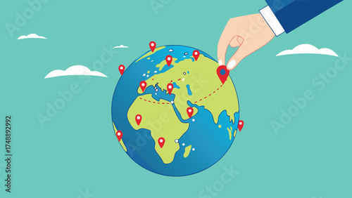 Businessman hand put new branch pin on world map across globe.Global business expansion, open company branches, franchise in new location to cover all continent. growing business worldwide concept

