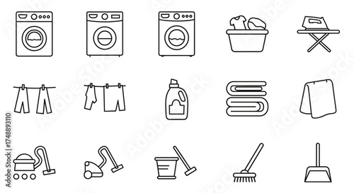 Laundry and cleaning service icon set. Line art symbols for household chores. Vector graphic collection includes washing machine, vacuum cleaner, iron, mop, broom and detergent.
