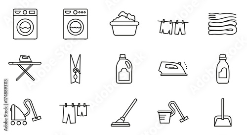 Laundry and house cleaning line icons set. Washing machine, detergent, ironing board, vacuum cleaner, clothespin, laundry basket, folded clothes, mop, dustpan. Vector illustration.
