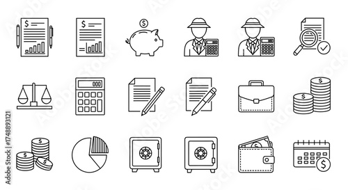 Financial audit and business accounting icon set. Vector line icons for tax report, investment analysis, budget planning, savings, banking, legal services, and security.