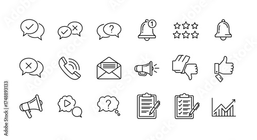 Communication and feedback icons set vector. Notification bell, chat bubbles with check, cross, question, star rating, phone call, email, megaphone, thumbs up and down.