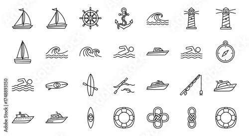 Sea and nautical line icon set. Boating, sailing and travel outline symbols. Vector collection of sailboat, anchor, wave, lighthouse, ship wheel, compass, and water sports.