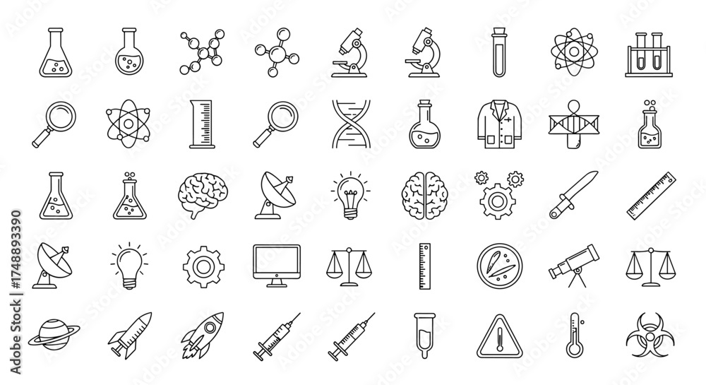 Naklejka premium Science and research thin line icon set. Vector symbols for chemistry, biology, medicine, education, and space exploration. Includes microscope, DNA, molecule, atom, flask, rocket.