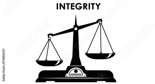 Integrity concept with imbalanced scales of justice. Symbol of law, ethics, and moral choice. Unfair comparison, inequality, dishonesty, and corruption vector icon illustration.