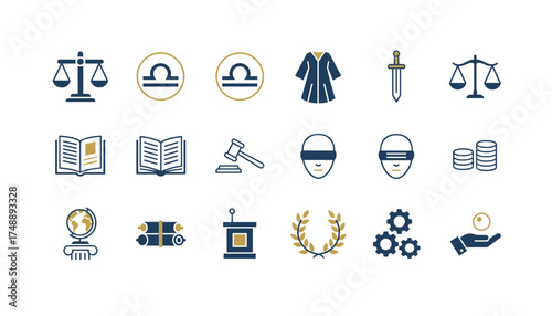 Law and justice vector icon set. Legal system, court, government symbols. Libra zodiac sign. Gavel, scales, judge, book, blind justice. Lawyer, crime, finance, punishment.