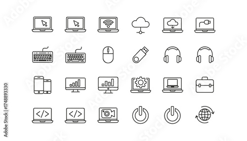 Technology and computer line icon set. Laptop, keyboard, mouse, cloud computing, programming, data analytics, connection, internet. Thin linear vector pictogram collection.