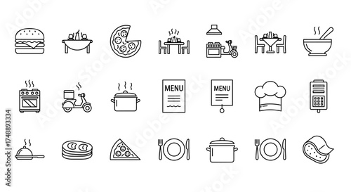 Food icon set restaurant delivery. Cooking, kitchen, dining line icons. Burger, pizza, menu, chef hat, scooter, table, pot. Vector outline symbols. Fast food, takeaway, culinary graphic elements.