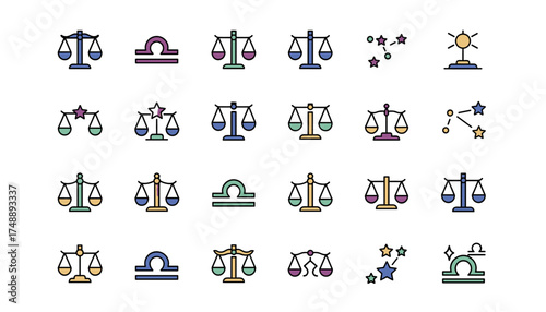 Libra zodiac sign vector icon set. Astrology and horoscope symbols. Scales of justice, balance, constellation, and star icons for astrological and celestial concepts.