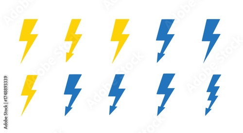 Set of yellow and blue lightning bolt vector icons. Thunder, electricity, and power symbols. Electric flash, energy charge, and storm graphic signs. Danger voltage concept.