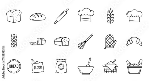 Bakery and baking line icons set. Bread, pastry, kitchen, and cooking outline symbols. Vector graphics of loaf, croissant, flour, wheat, chef hat, rolling pin, and whisk.
