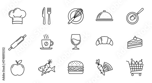 Food and cooking line icon set. Restaurant, kitchen, baking, fast food, grocery shopping, dessert, and drink concepts. Vector symbols for culinary and menu design.