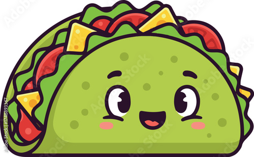 Happy cartoon taco with a friendly face, green shell, and colorful fillings, isolated on white.