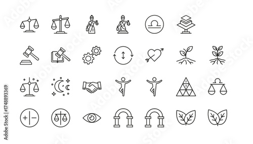 Libra zodiac sign outline icon set. Justice, law and balance symbols. Vector line art collection of scale, gavel, handshake, harmony, growth, love heart and astrology.