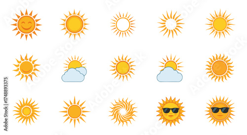 Sun icon set. Cartoon sunshine collection. Vector weather symbols. Flat design graphic elements for summer. Smiling sun face, sunrise, sun with sunglasses and cloud.