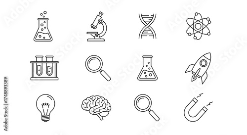 Science and research thin line icon set. Collection of scientific symbols: microscope, DNA, atom, rocket, brain, magnet. For lab, education, and innovation concepts vector pack.