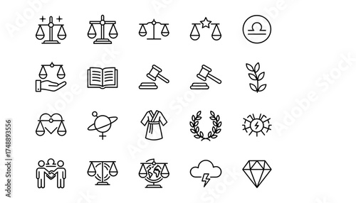 Libra zodiac and justice vector icon set. Line art symbols of scales, law, and balance. Includes gavel, book, astrology sign, handshake and laurel wreath for legal concepts.