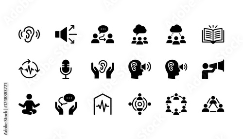 Listen to others icon set. Active listening, effective communication glyph vector icons. Pictograms for empathy, teamwork, soft skills, understanding, dialogue, group discussion.