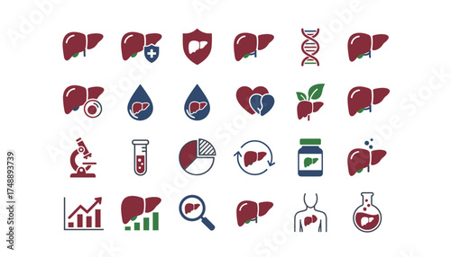 Liver health vector icon set. Medical hepatology, anatomy, and disease symbols. Includes icons for diagnosis, treatment, cirrhosis, hepatitis, analysis, and research. Flat glyphs.