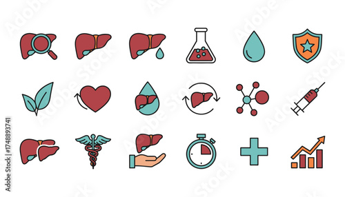 Liver health icon set. Hepatitis and disease diagnosis, treatment, and care symbols. Vector collection for medical infographics, websites, and presentations. Human organ anatomy.