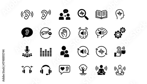 Active listening and communication icon set. Empathy, understanding, and hearing glyphs. Sound, audio, and mindfulness symbols for personal development and mental health concepts.