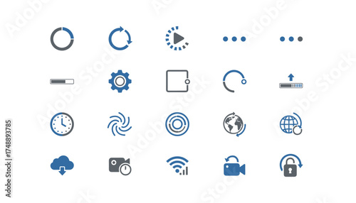 Vector icon set for UI design. Loading progress bar, refresh circle, upload, download cloud, wifi. Globe, play button, settings gear, security lock for web and mobile app.