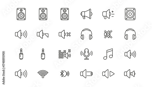 Audio line icon set with sound and music symbols. Vector collection of speaker, headphone, microphone, volume control, mute, play, and equalizer for user interface design.