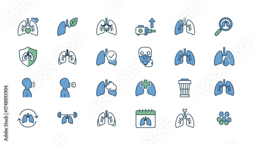 Lungs and respiratory health vector icon set. Collection of linear symbols for pulmonology, diagnosis, and treatment of lung diseases like asthma. Breathing, care, and medical concepts.