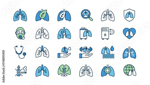 Lungs icon set. Respiratory system, pulmonology, medical healthcare concepts. Vector line icons for breathing, lung health, disease diagnosis, asthma, protection, no smoking.