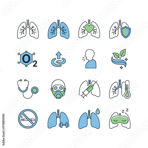 Lungs icon collection. Respiratory health and pulmonology concepts. Breathing, oxygen, no smoking, lung disease, asthma, bronchitis, pneumonia prevention and treatment.