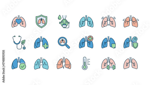 Lungs vector icon set. Pulmonology, respiratory system concepts. Medical symbols for breathing, organ health, disease diagnosis, treatment, protection, therapy and wellness icons.