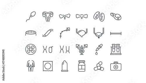 Vector icon set of reproductive systems and sexual health. Line icons for gynecology, urology, andrology, fertility concepts. Includes sperm, uterus, condom, chromosomes, anatomy.