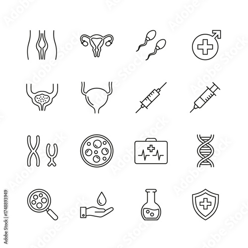 Medical and biology line icon set. Health care, gynecology, and urology symbols. Reproductive system, genetics, DNA, and lab research. Vector icons for diagnostics and analysis.