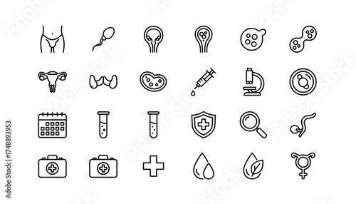 Reproductive health and fertility vector icon set. Andrology, gynecology, and biology concepts. Line icons of sperm, testicles, uterus, cell division, lab analysis, microscope.