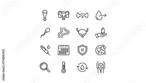 Reproductive health line icon set. Gynecology, urology and fertility symbols. Sperm, uterus, contraception, condom, bladder, medical test. Vector illustration collection.