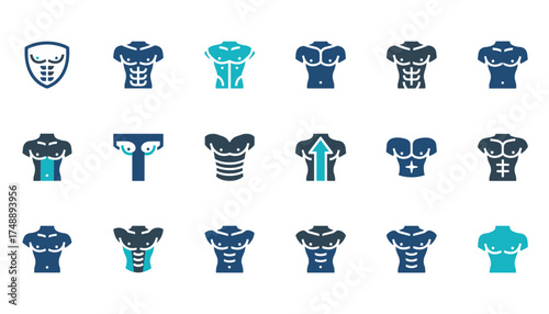 Male torso vector icon set for fitness and health. Collection of man body, chest, and abs symbols. Muscular physique for gym, workout, and anatomy logo design concepts.