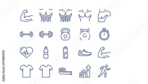 Fitness gym and bodybuilding line icon set. Vector icons for workout, male muscle, health, exercise. Dumbbell, kettlebell, abs, bicep, running, healthy lifestyle symbols.