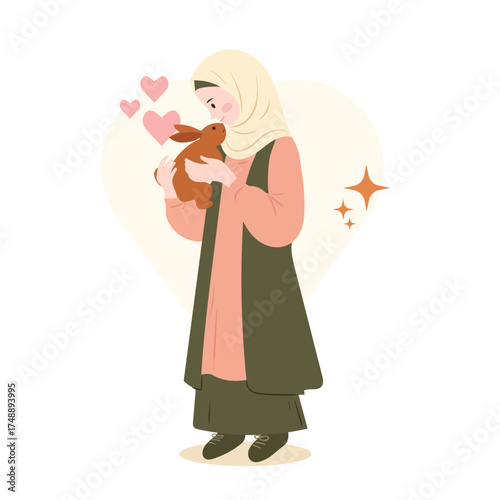 Vector Illustration of Cute Muslim Girl Hugging a Rabbit – Adorable Hijab Woman Holding Pet with Love