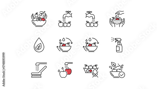 Wash fruits vector line icon set. Concept of food safety, produce cleaning and hygiene. Healthy food preparation with water, brush and spray. Fresh, organic kitchen instructions.