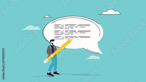 written communication, businessman writing communication message on speech bubble, communicate via message or text, Email writing skill for career success, make online newsletter for company promotion