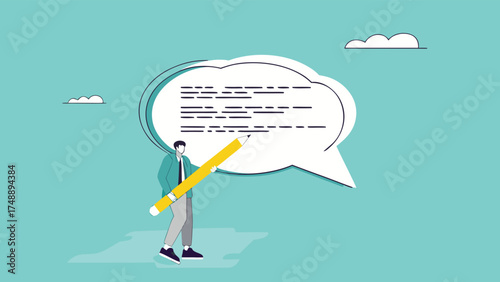 written communication, businessman writing communication message on speech bubble, communicate via message or text, Email writing skill for career success, make online newsletter for company promotion