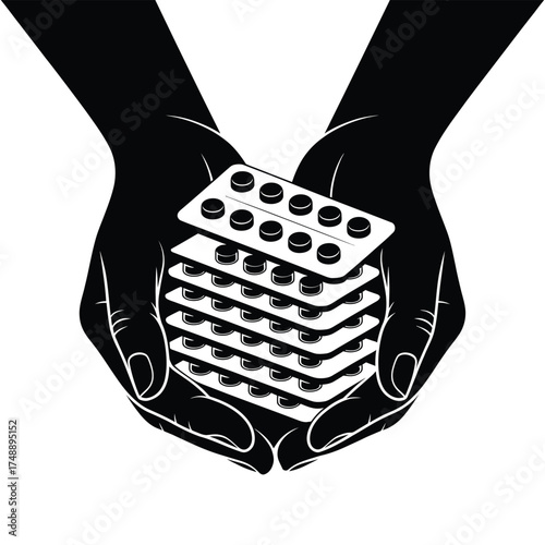 Hands holding a stack of blister packs of pills