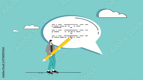 written communication, businessman writing communication message on speech bubble, communicate via message or text, Email writing skill for career success, make online newsletter for company promotion