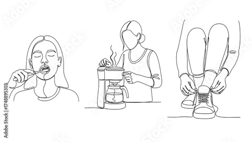 High-Quality Continuous Line Art Vector of Morning Routine – Brushing Teeth, Making Coffee, and Tying Shoelaces 