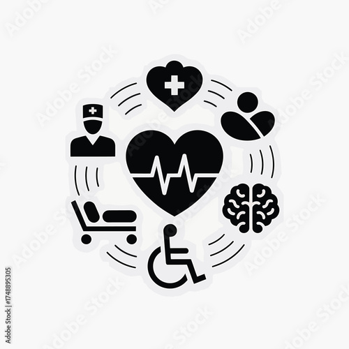 Healthcare and medical icons arranged in a hexagon shape