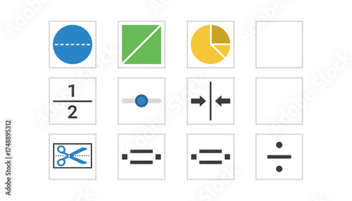 Halving and division vector icon set. Flat design symbols for math, fractions, splitting, and cutting. Includes separate, center align, half portion, and geometry concepts.