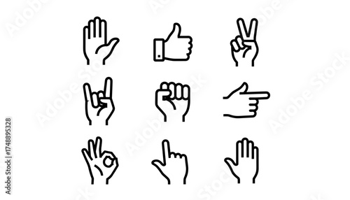 Hand gestures vector icon set. Line art collection of hands showing different signs. Like, thumbs up, peace, victory, rock, fist, ok, stop, pointing. Communication concept.