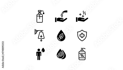 Hand sanitizer icon set vector. Hygiene, disinfection, washing hands. Antibacterial soap, alcohol gel dispenser. Virus protection, health safety, clean, medical cross symbol.